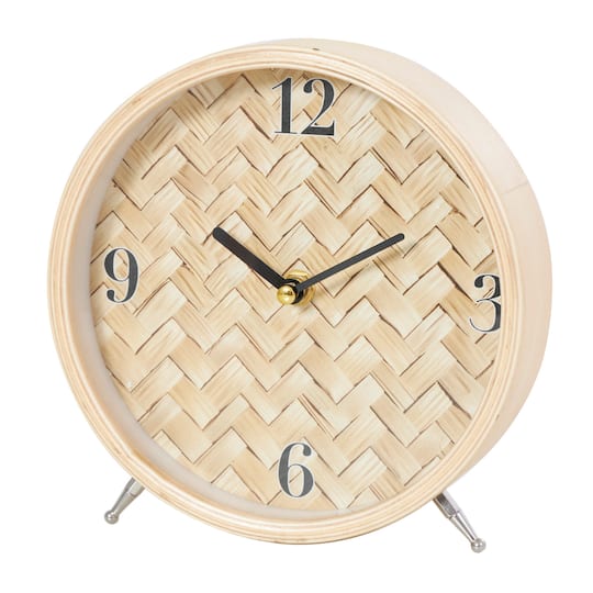 7&#x22; Light Brown Wood Woven Chevron Patterned Clock with Silver Legs